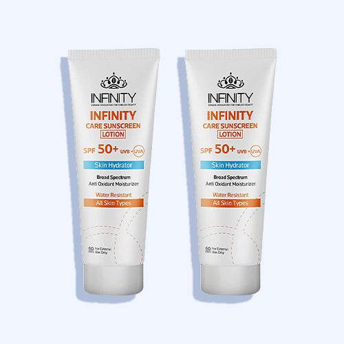 إنفينيتي كير صن سكرين لوشن حماية من أشعة الشمس + 50 مرطب للبشرة و مقاوم للماء لجميع أنواع البشرة 60 مل (1+1) - Nabda Egypt