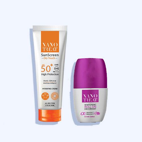 نانوتريت جيل كريم صن سكرين دراي تاتش حمايه ممن الشمس +50 50 مل + نانوتريت مزيل رائحه قطن كاندي رول اون 50 مل - Nabda Egypt