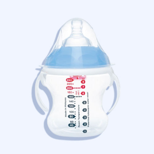 Japlo Nana Feeding Bottle. For Natural Feeding Like The Sensation Of Breastfeeding. With An Anti-Colic Nipple And A Colored Digital Scale For Mixing Lukewarm Water.With Seprated Handes. Size 260 Ml Baby Blue Color