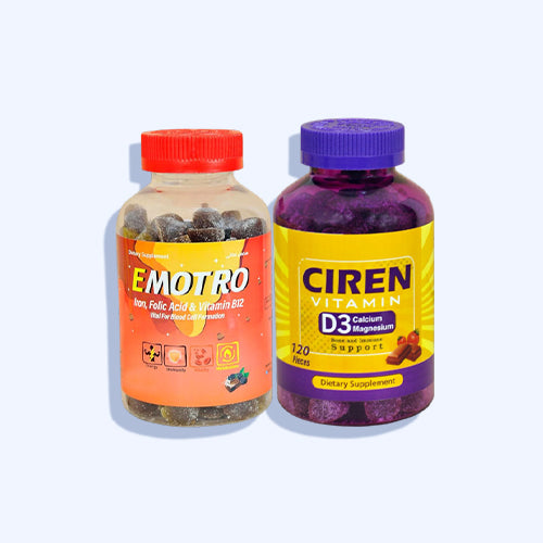 Ciren Vitamin D3. Calcium And Magnesium Gummies Strawberry Flavor 120 Piece +Emotro Iron Gummies Rasberry Flavor 60 Piece